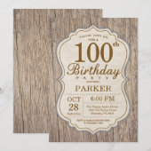 Invitation Rustique de 100e Anniversaire en Bois (Devant / Derrière)