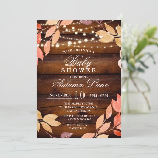 Invitation rustique de baby shower de feuille (Debout devant)