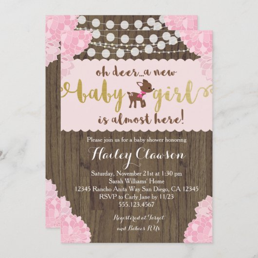 Invitation rustique de baby shower de fille de (Devant / Derrière)