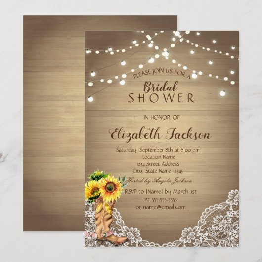 Invitation Rustique, dentelle, bottes de soleil mariage champ (Devant / Derrière)