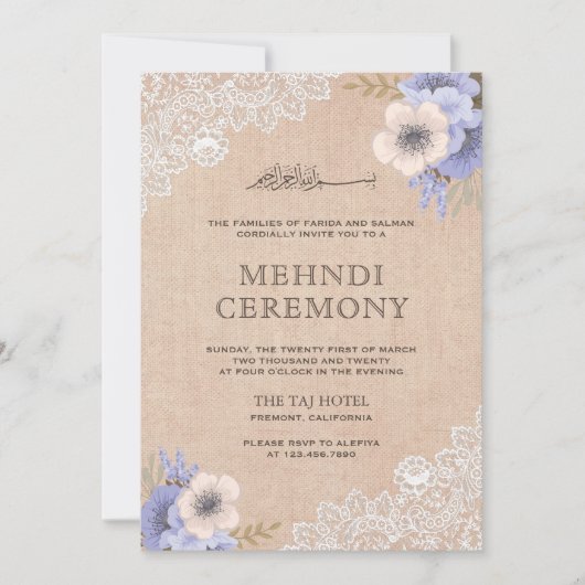 Invitation Rustique dentelle de jute floral violet Mehndi isl (Devant)