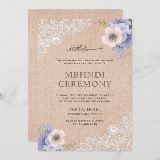 Invitation Rustique dentelle de jute floral violet Mehndi isl (Devant / Derrière)