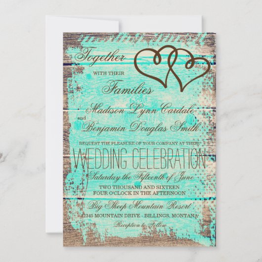 Invitation Rustique Double Coeurs Aqua Wood Wedding Invite (Devant)