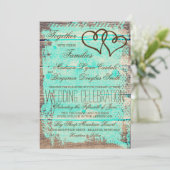 Invitation Rustique Double Coeurs Aqua Wood Wedding Invite (Debout devant)