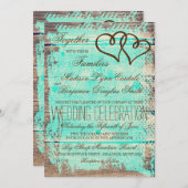 Invitation Rustique Double Coeurs Aqua Wood Wedding Invite (Devant / Derrière)