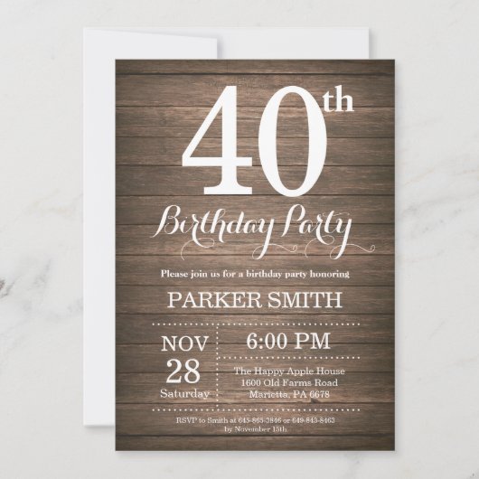 Invitation Rustique du 40e anniversaire (Devant)