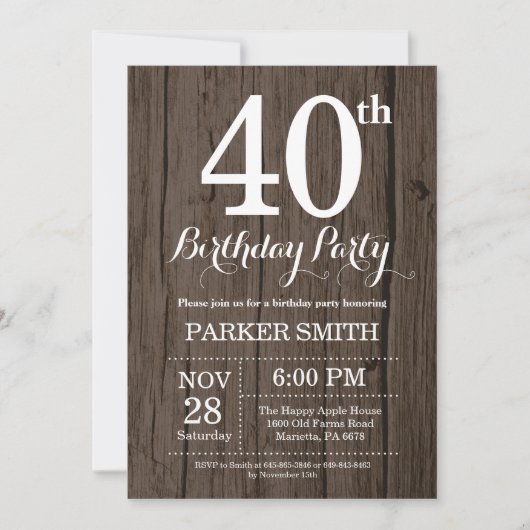 Invitation Rustique du 40e anniversaire (Devant)
