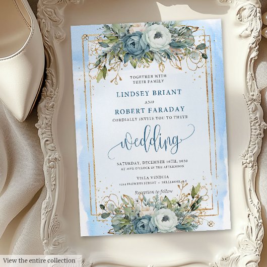 Invitation Rustique Dusty Bleu Blanc Or Floral Mariage Invite