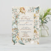 Invitation Rustique Dusty Bleu & Or Floral Verdure Photo (Debout devant)