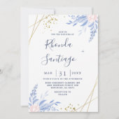 Invitation Rustique Dusty Blue Aquarelle Feuille Mariage or (Devant)