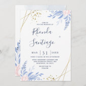 Invitation Rustique Dusty Blue Aquarelle Feuille Mariage or (Devant / Derrière)
