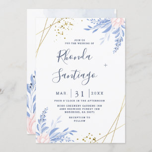 Invitation Rustique Dusty Blue Aquarelle Feuille Mariage or