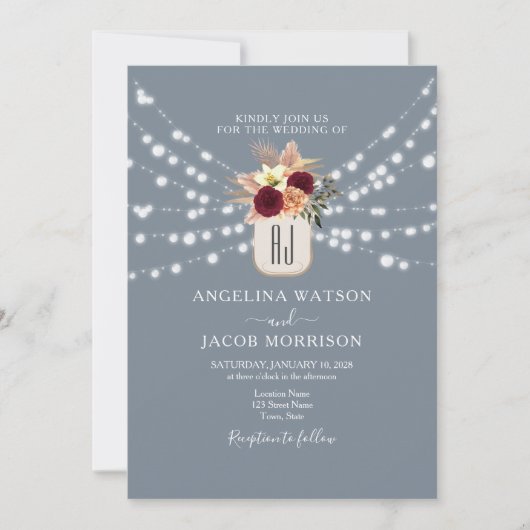Invitation Rustique Dusty Blue Mason Jar Mariage Inviter (Devant)