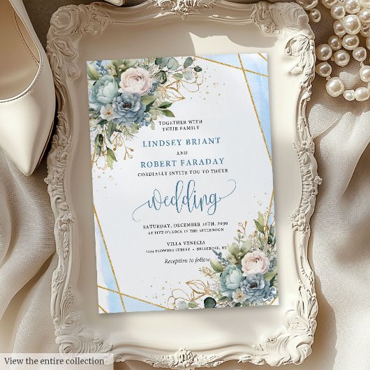 Invitation Rustique Dusty Blue Sage Gold Floral Wedding Invit