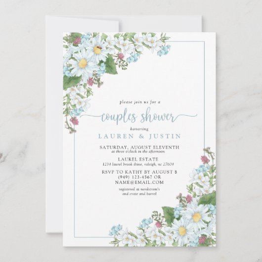Invitation Rustique Dusty Blue Script Fleur sauvage Couples D (Devant)