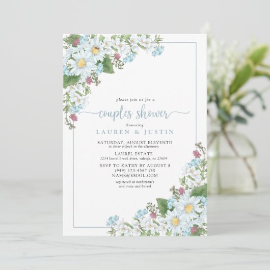 Invitation Rustique Dusty Blue Script Fleur sauvage Couples D (Debout devant)