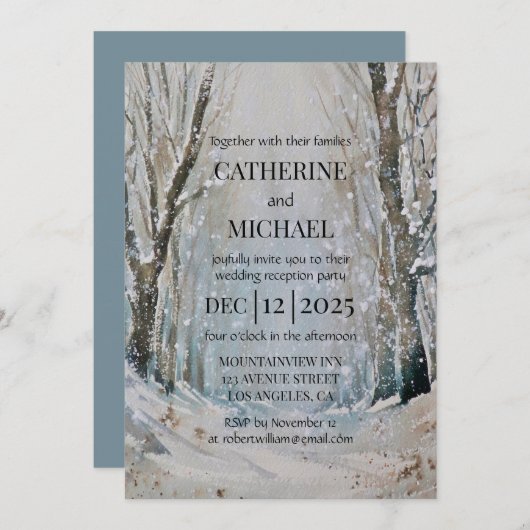 Invitation Rustique Dusty Blue Winter Forest Mariage d'aquare (Devant / Derrière)