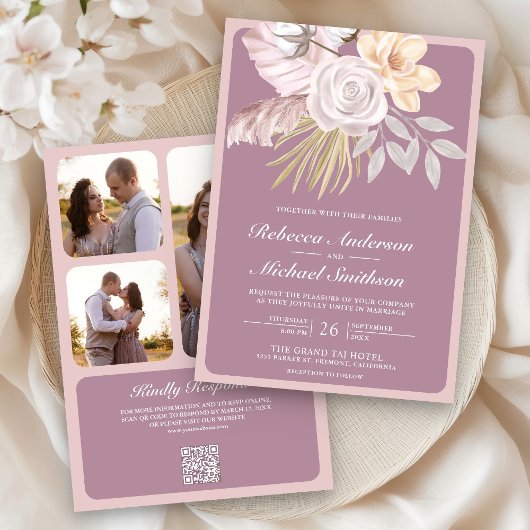 Invitation Rustique Dusty Mauve rose Floral QR Code Mariage