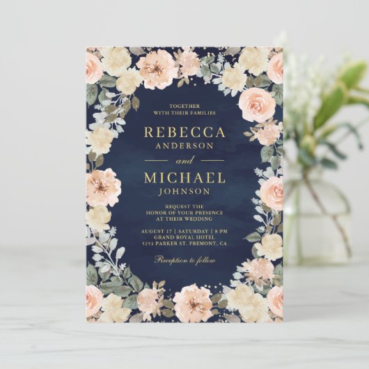 Invitation Rustique Dusty Pêcher Floral QR Code Mariage de ma (Debout devant)