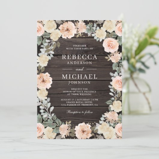 Invitation Rustique Dusty Pêcher Floral QR Code Mariage en bo (Debout devant)