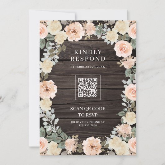 Invitation Rustique Dusty Pêcher Floral QR Code Mariage en bo (Dos)