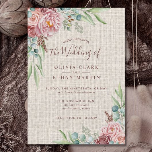Invitation Rustique Dusty Rose Boho Aquarelle Florale