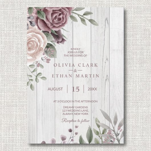 Invitation Rustique Dusty Rose Floral Bouquet Bois