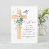 Invitation Rustique Dusty rose floral Eucalyptus Cross Baptêm (Debout devant)