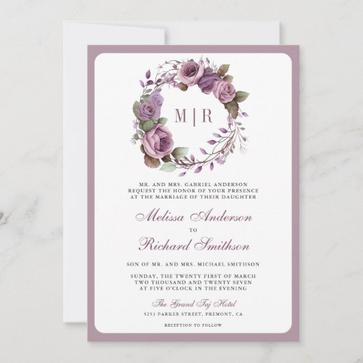 Invitation Rustique Dusty violet Floral QR Code Mariage (Devant)