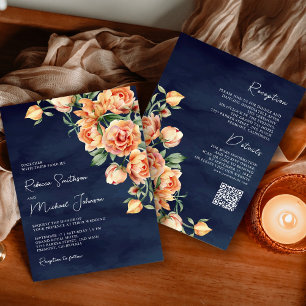 Invitation Rustique Earthy Pêcher Floral Navy QR Code Mariage