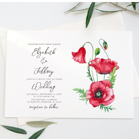 Invitation Rustique Elegant Aquarelle Script Red Poppy Mariag