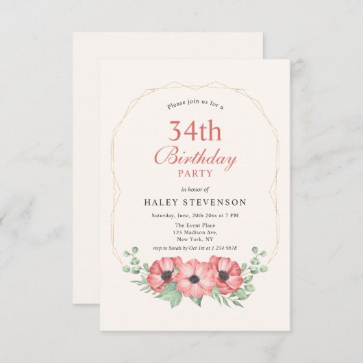 Invitation Rustique Elegant Blush rose Floral 34e anniversair (Devant / Derrière)