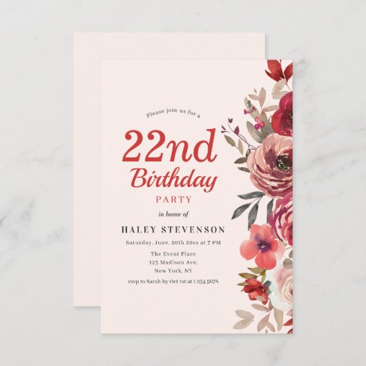 Invitation Rustique Elegant Boho Chic Floral 22e anniversaire (Devant / Derrière)