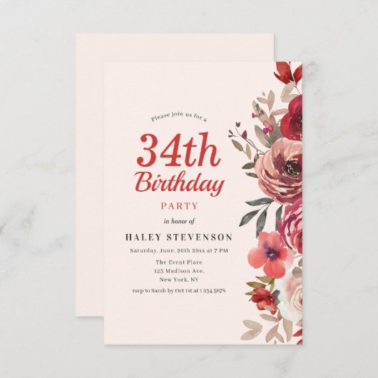 Invitation Rustique Elegant Boho Chic Floral 34e anniversaire (Devant / Derrière)