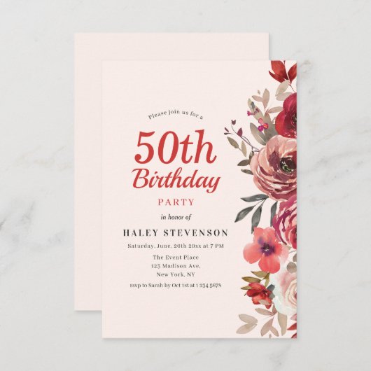 Invitation Rustique Elegant Boho Chic Floral 50e anniversaire (Devant / Derrière)
