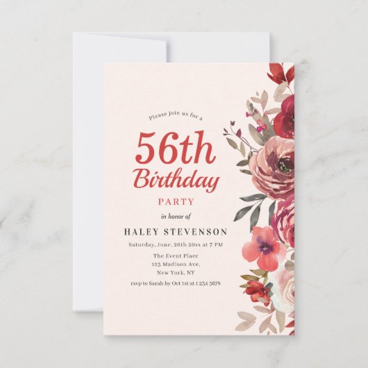 Invitation Rustique Élégant Boho Chic Floral 56e Anniversaire (Devant)