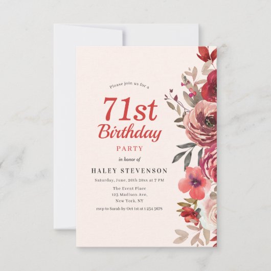 Invitation Rustique Elegant Boho Chic Floral 71e anniversaire (Devant)