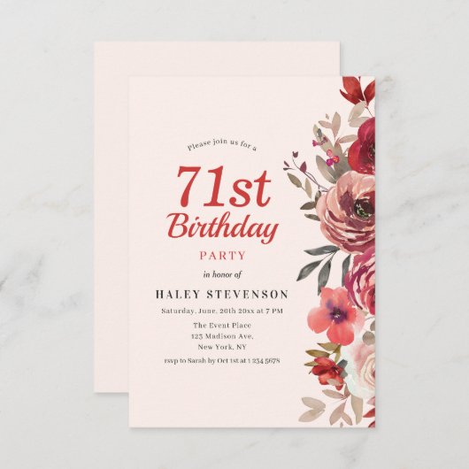 Invitation Rustique Elegant Boho Chic Floral 71e anniversaire (Devant / Derrière)