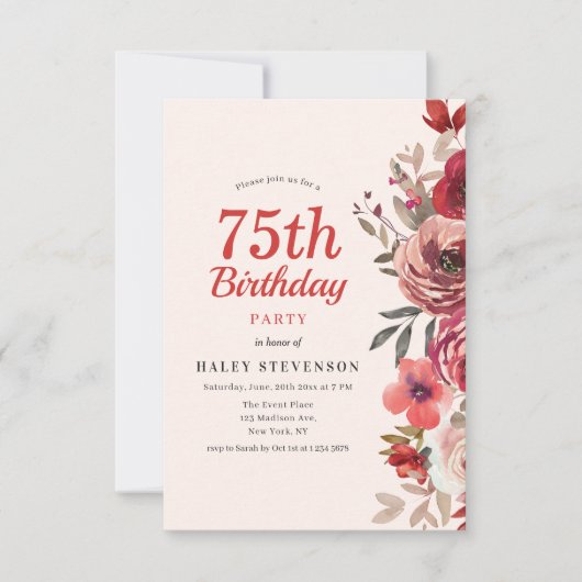 Invitation Rustique Elegant Boho Chic Floral 75e anniversaire (Devant)
