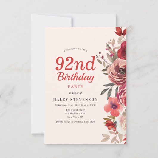 Invitation Rustique Elegant Boho Chic Floral 92e anniversaire (Devant)