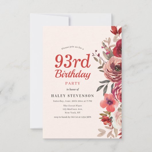 Invitation Rustique Élégant Boho Chic Floral 93e Anniversaire (Devant)