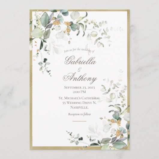Invitation Rustique Élégant Feuille Mariage or verdure (Devant)
