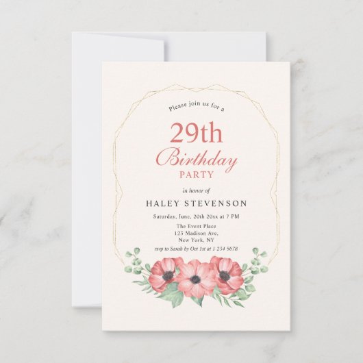 Invitation Rustique Élégant Fleurs Rose Pâle 29e Anniversaire (Devant)