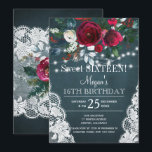 Invitation Rustique élégant sweet sixteen floral bordeaux<br><div class="desc">Soirée hivernale 16e anniversaire classe modèle d'invitation élégante sur un tableau bleu marine foncé avec un beau bouquet bordeaux et blanc peonies avec feuillage vert chasseur, cordes de lumières scintillantes blanches, coins dentelles, et un script de typographie chic. Facile à personnaliser avec vos détails ! L'invitation est adaptée pour l'élégante...</div>
