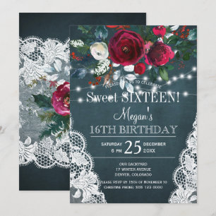 Invitation Rustique élégant sweet sixteen floral bordeaux