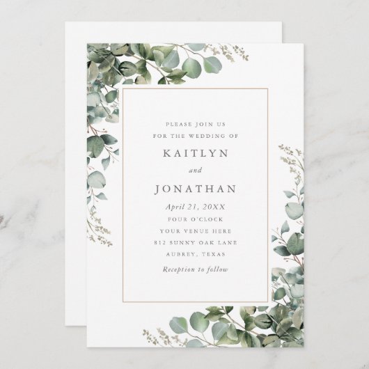 Invitation Rustique Elégant Vert Mariage Eucalyptus (Devant / Derrière)