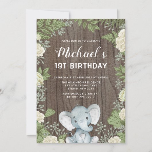 Invitation Rustique Elephant Green 1ère fête d'anniversaire (Devant)