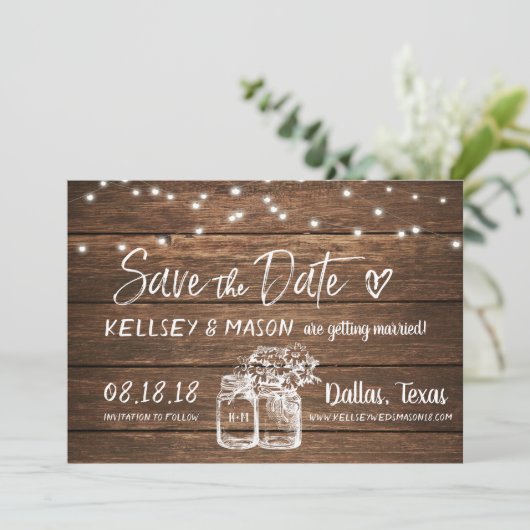 Invitation Rustique Enregistrer la date | Mason Jars & String (Debout devant)