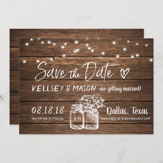 Invitation Rustique Enregistrer la date | Mason Jars & String (Devant / Derrière)