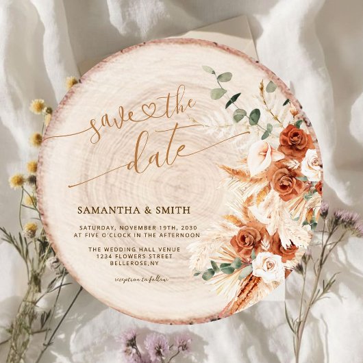 Invitation Rustique Enregistrer la date Round Wood Cut Grain